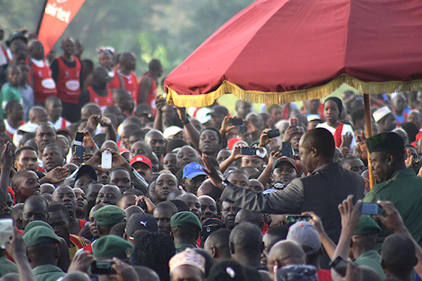 Thousands of people welcomed the Kabaka of Buganda Ronald Muwenda Mutebi on his arrival to Lubiri during the Kabaka's birthday run 2015 on 12th April; 2015. 