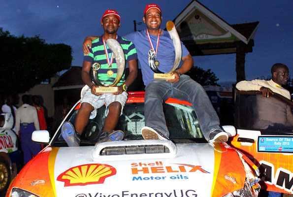 Blick (R) and his navigator Bakunda celebratetheir recent win in Mukono