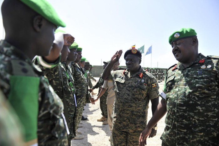 CDF Gen. Katumba Wamala (c) and commander of Ugandan contingent in somalia, Brig. Sam Kavuma (R) in Barawe, 220km  south of mogadish
