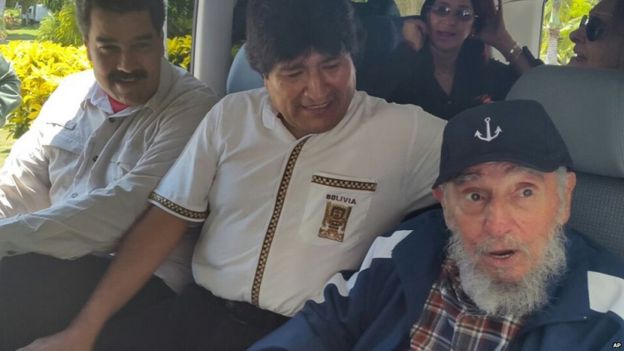 Venezuelan and Bolivian Presidents Nicolas Maduro (left) and Evo Morales (centre) visited Fidel Castro in Cuba on his birthday.