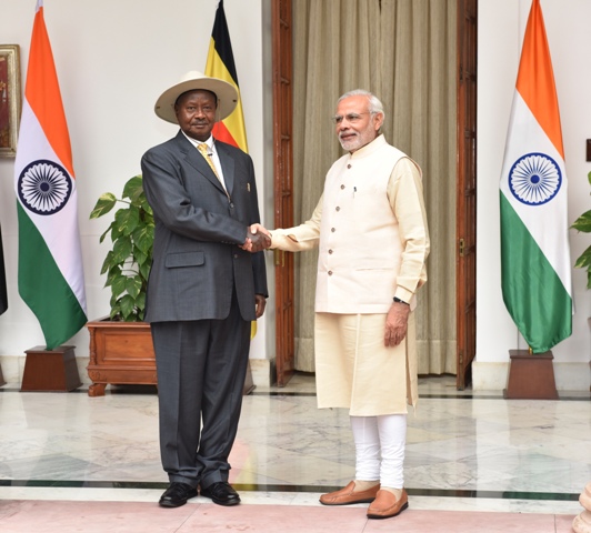 India's Prime Minister Narendra Modi receives President Museveni at his residence at Hyderabad in New Delhi India yesterday Oct 28 where the two leaders held bilateral talks. PPU Photo