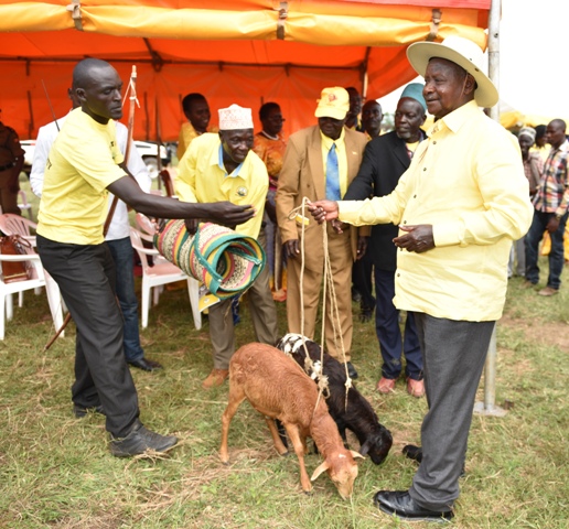 President Museveni receives gifts from a group of elders in Koboko North County where he addressed a campaign rally yesterday Nov 18. PPU Photo